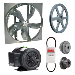 Unassembled belt-drive panel exhaust fan with a 30-inch blade, 1/2 hp motor, and 9829 cfm airflow. Operates on 208-230/460V AC, 3-phase power with a totally enclosed fan-cooled motor, Class B insulation, and single speed. Frame is zinc-plated steel. Suitable for general ventilation in industrial and commercial spaces to exhaust heat, fumes, or stale air.