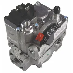 Standing pilot gas valve with dual-stage step opening for precise gas flow control. Rated at 150,000 BtuH and 24V AC, with a 3/4 in female NPT connection. Suitable for use in commercial and industrial heating systems requiring a straight-thru configuration.