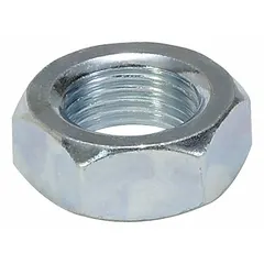 Steel mounting nut for pneumatic or hydraulic cylinders. Overall length 1 1/2 in, width 9/16 in. Used to secure cylinders to machinery in industrial automation and material handling applications.