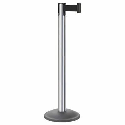 LAVI Barrier Post with Belt: Black, No Pattern, No Legend, 10 ft Belt Lg, Silver - Solid-Color Retractable Belt Post Barriers