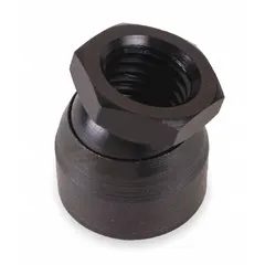 Toggle pad with zinc-plated steel construction and 5/16"-18 thread. Provides a swiveling, self-aligning contact surface for clamping fixtures, ensuring even pressure distribution and preventing workpiece damage during machining or assembly.