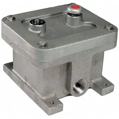 Mechanical vibration sensor switch with DPDT contact form rated 7 A at 460 V AC. Features remote electrical reset and is rated for hazardous locations. Used for industrial vibration monitoring to detect excessive vibration in rotating machinery and trigger alarms or shutdown.
