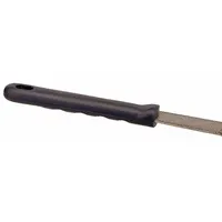 Gray rubber replacement handle for fry pans, 10 inches long. Made of rubber, not non-stick. Suitable for restoring functionality to pans with damaged handles