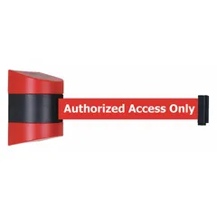 TENSABARRIER Retractable Belt Barrier: Fixed Mounting Plate, 15 ft Belt Lg, Red (MPN 897-15-S-21-NO-RAX-C). Key specifications — Message Color: White; Frame Color: Black/Red; Brand: TENSABARRIER; Belt Color: Red.