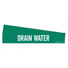 Green adhesive pipe marker with white legend reading 'Drain Water'. Designed for pipe outer diameters of 8 inches and larger. Pack of 5 markers without arrows. Used to identify drain water piping in industrial facilities.