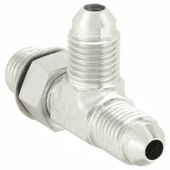 Steel hydraulic hose adapter with 3/8 in x 3/8 in x 3/8 in fitting size. Male x Male x Male gender with ORB x JIC x JIC connection types. Used to connect hydraulic hoses with O-Ring Boss and JIC fittings in fluid power systems.