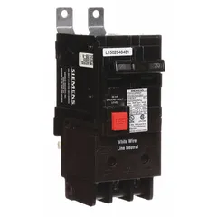 This 20 A, 2-pole miniature circuit breaker provides ground fault equipment protection for single-phase 120/240V AC systems. Rated for 10kA maximum interrupting capacity, it is designed for bolt-on installation in Siemens P1 panelboards. Suitable for overcurrent and ground fault protection in commercial and industrial electrical distribution applications.