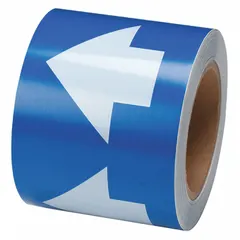 Blue vinyl pipe marker tape with white directional flow arrows, 4 inches wide and 90 feet long (1,080 inches). Non-reflective. Used for banding pipes to indicate flow direction in industrial piping systems.