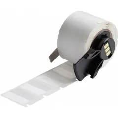 Precut vinyl label for wire and cable identification. White matte finish provides clear, legible marking. Designed for 16 AWG to 8 AWG wire gauge. Compatible with M610 printer series; requires M7-R4300 ribbon.