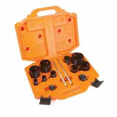 This 13-piece hole saw kit features bi-metal construction with 18/20 teeth per inch for cutting wood, metal, plastic, and drywall. Maximum cutting depth is 1-7/8 inches. Suitable for general multi-material cutting tasks in maintenance and installation work.