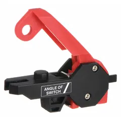 Clamp-on lockout device for 120/240V AC tie bar circuit breakers. Used to secure breakers during lockout/tagout procedures, preventing accidental re-energization. Does not include a cable tie slot.