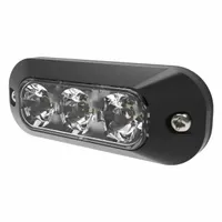 Green rectangular perimeter flashing warning light for vehicles. Operates on 12-24V DC with 21 selectable flash patterns. Includes black bezel, blunt cut wires for electrical connection, and bolt mount. Overall dimensions: 1 3/8 in height, 5/8 in width. Used to alert personnel to moving equipment in industrial, construction, or utility environments