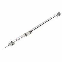 This 1 µL microliter syringe features a stainless steel barrel and a tungsten plunger with a replaceable tungsten tip. It has a knurled hub attachment and includes needles with point style 4. The syringe is sterile and individually packaged, suitable for precise liquid handling in analytical applications such as gas chromatography.