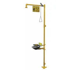 This floor-mount unit combines an emergency shower and eyewash station for industrial safety applications. It features an uncovered stainless steel bowl and galvanized steel pipe construction. The integrated design provides immediate flushing of contaminants from eyes and body in hazardous environments.