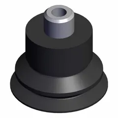 Bellows type vacuum pad assembly with 15 mm pad diameter and 14.5 mm pad height. Constructed from black silicone with M5 x 0.8 thread. Suitable for handling contoured or delicate workpieces in automated pick-and-place operations. Packaged 40 per lot.