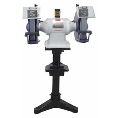 This fixed-speed pedestal grinder is powered by a 3 hp motor operating at 1720 RPM and 220V. It accommodates wheels up to 12 inches in diameter. Suitable for heavy-duty sharpening, deburring, and shaping of metal parts in industrial maintenance and fabrication settings.