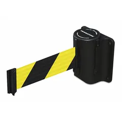 Wall-mount retractable belt barrier with a 7 1/2 ft black/yellow pattern belt and black frame. Designed for pedestrian guidance and crowd control, it helps define walkways and manage traffic flow in industrial environments.