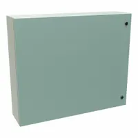 Steel enclosure with solid hinged cover and 1/4-turn latch closure. Rated NEMA 12, 3R, and 4 for protection against dust, rain, and hose-directed water. Suitable for indoor or outdoor use in industrial environments. No knockouts provided