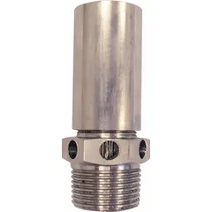 Stainless steel body vacuum relief valve with 1 1/4 in MNPT connection. Rated for 0 in Hg to 13.3 psi and 0 in Hg to 28 in Hg. Used to protect tanks and pipelines from vacuum conditions in industrial fluid handling systems.