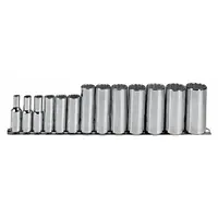 This 13-piece SAE socket set includes deep sockets with a 3/8 in drive and 12-point design, covering sizes from 1/4 in to 1 in. The tether-ready feature allows attachment of a lanyard for tool retention in elevated or confined work areas. Suitable for fastening and loosening bolts and nuts in industrial maintenance, assembly, and repair tasks