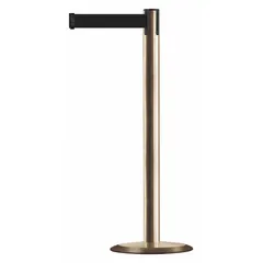 This retractable belt post barrier features a cast iron base and metal alloy post with a 7 1/2 ft long, 2 in wide black belt that has no pattern or legend. Used to manage pedestrian flow, cordon off restricted areas, or guide queues in industrial and public settings.