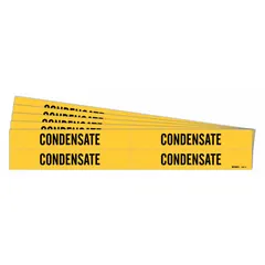 Yellow adhesive pipe marker with black legend text reading 'Condensate'. Designed for pipes with outer diameters from 3/4 to 2-3/8 inches. Pack includes 4 pipe markers without directional arrows. Used to identify condensate lines in industrial piping systems.