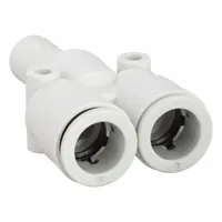 This SMC push-fit wye fitting is made of white polybutylene terephthalate and accepts three tubes of 12 mm outer diameter. It is used to create a three-way branch in pneumatic or fluid systems, enabling reliable distribution of air or fluids in industrial automation and material handling applications