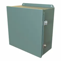 This steel enclosure measures 12 x 12 x 6 inches and is rated NEMA 12/13/3R/4 for protection against dust, falling dirt, rain, and hose-directed water. It features a solid hinged cover secured with clamps and does not include knockouts. Suitable for housing electrical controls and components in industrial washdown environments.