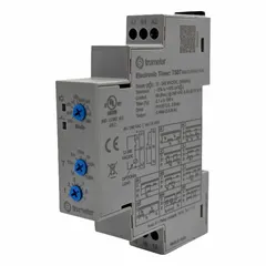 DIN rail-mounted time delay relay for industrial control panels. Operates on 12 to 240V AC/DC supply with adjustable timing from 0.1 seconds to 100 hours. Used to sequence operations, delay start-up, or extend run times in automation and process control systems.