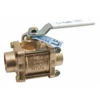 Manual two-way ball valve in bronze with straight pattern. Sweat x sweat connections for copper pipe installation. Three-piece body design allows in-line service without removing the valve from the piping. Lever handle provides visual position indication and quarter-turn operation. Suitable for on/off control in plumbing, HVAC, and industrial piping systems handling water, oil, or gas