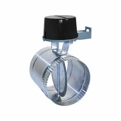Motorized fresh air intake damper for 18-inch diameter ductwork. Normally closed flat blade with rubber seal prevents backdraft when de-energized. Operates on 24V AC, includes 3-wire harness with modular damper connector. Galvanized steel construction, crimped/slip-over connection, rated for 1,000 fpm maximum air velocity.