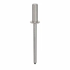 Domed-head blind rivet with 0.124" diameter and 1.521" overall length. Body length is 27/64", overall length 1 33/64". Supplied in a 500-piece pack. Used for fastening materials where only one-sided access is available, such as sheet metal assembly and general fabrication.
