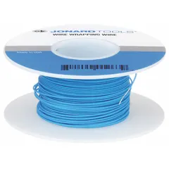 This spooled wrapping wire features a 28 AWG conductor with blue PVDF insulation, meeting UL 1422 standards. It is used for wrapping and terminating connections in electronic assemblies, control panels, and instrumentation where high-density wiring and limited space are considerations.