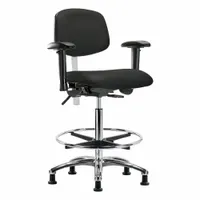 This vinyl cleanroom chair is designed for ISO 5 controlled environments. It features an aluminum base, foot support, and adjustable back tilt (10.5° forward, 13.5° backward) and seat tilt (8° forward, 3° backward). The chair includes arms and has a height range of 26 1/4 in to 36 in with an 18 1/2 in seat width. Not ESD safe