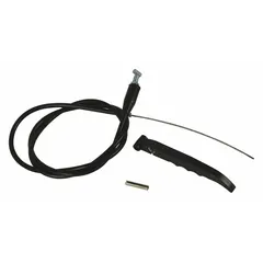 This lowering lever and cable assembly is a release lever component for lift tables. It actuates the hydraulic release mechanism to enable controlled descent of the table platform. Used in industrial material handling applications for safe lowering operations.