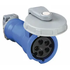 Washdown-rated pin and sleeve connector for 120/208V AC, three-phase, 20 A applications. Features 4 poles and 5 wires. Suitable for industrial environments requiring moisture resistance, such as food processing and washdown areas.