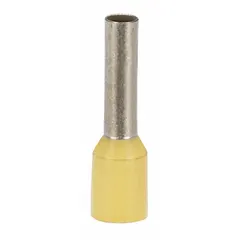 Insulated ferrule for terminating a single stranded wire into a terminal block. Ferrule diameter 0.09 in, yellow polypropylene insulation. Used in control panels and industrial machinery to prevent wire fraying and ensure secure connections.