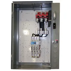 Three-phase NEMA Size 3 fusible starter with electronic overload, rated 600V AC maximum and 575V AC coil voltage. Accepts Class R fuses, includes auxiliary contacts, and features screw terminals. Suitable for motor starting and protection in industrial applications such as conveyors, pumps, and compressors.