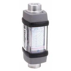 Scale-type, variable area inline flowmeter for air and compressed gases. Features a direct-reading scale in liters, Viton seals and O-rings, and universal mounting orientation. Accuracy ±7%. Suitable for monitoring flow in pneumatic systems and gas distribution lines.