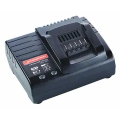 Single-port rapid charger for 18V DC batteries. Operates on 120V AC input and charges a 4 Ah battery in one hour. Suitable for recharging batteries used in cordless power tools.