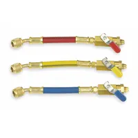 Three-hose charging set in blue, red, and yellow, constructed from nylon with 45-degree angle fittings and an included ball valve. Designed for use in HVAC and refrigeration systems for charging and service applications. Compact 6-inch length provides flexibility in tight spaces