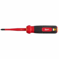 Insulated multi-bit screwdriver with 4 tips including #2 Square and 1/4 in/#2/3/16 in tip sizes. Magnetic tip for bit retention. Suitable for electrical work requiring insulation, such as panel assembly and terminal work.