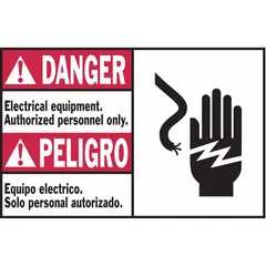 Adhesive-mounted polyester sign measuring 3 1/2 in x 5 in with 0.01 in thickness. Bilingual warning restricts access to electrical equipment to authorized personnel. Suitable for indoor use on equipment or panels where adhesive mounting is required. Not retroreflective or glow-in-the-dark.