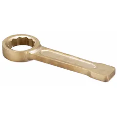 This nonsparking striking box end wrench features a 12-point design for secure grip on hex fasteners. Made from natural aluminum bronze, it is suited for use in hazardous environments where spark resistance is required. The straight handle and 55 mm head size allow for application of torque via a hammer or mallet. Overall length is 10 inches.