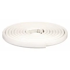 White rubber foam seal with flat D-section profile and standard self-adhesive backing. Measures 10 ft in length. Used to seal gaps around doors and windows to block drafts and moisture.