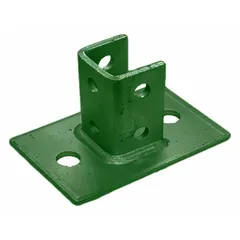 This post base is designed for single strut channels, providing a secure anchor point for mounting equipment, conduit, or cable trays in industrial framing systems. Constructed from steel with a green coating, it measures 1-5/8 in x 1-5/8 in and features 6 holes for attachment.