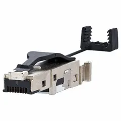 This device-side RJ45 connector is a Cat6 field plug with 8 poles, male straight orientation, and IP67-rated zinc die-cast housing. It uses insulation displacement technology for cable mounting and is suited for power, data, and HDBaseT applications in environments requiring protection against dust and water ingress.