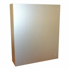 304 stainless steel enclosure with hinged cover and 1/4-turn latch. Rated NEMA 12/13/3R/4/4X for indoor or outdoor use where corrosion resistance and washdown are required. Dimensions: 36 x 30 x 8 inches. Knockouts not included.