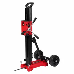 This core drill stand provides a stable platform for mounting a cordless core drill. It features an adjustable angle for precise drilling in concrete and masonry. The stand includes a battery for cordless operation.