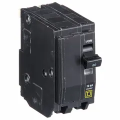 The SQUARE D QO260 is a 60 A, 2-pole miniature circuit breaker rated for 120/240V AC single-phase systems with a maximum interrupting rating of 10kA. It features a plug-in design for use with QO Load Centers and NQ Panelboards, providing overcurrent protection for branch circuits in residential and commercial electrical installations.